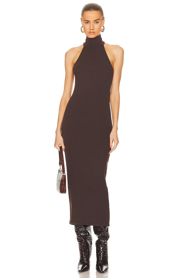 Knit Halter Turtleneck Dress in Bitter Brown