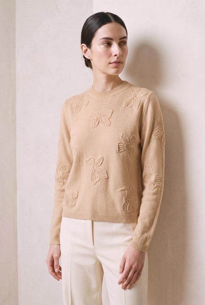 Bow Motif Cashmere Sweater in Oatmeal