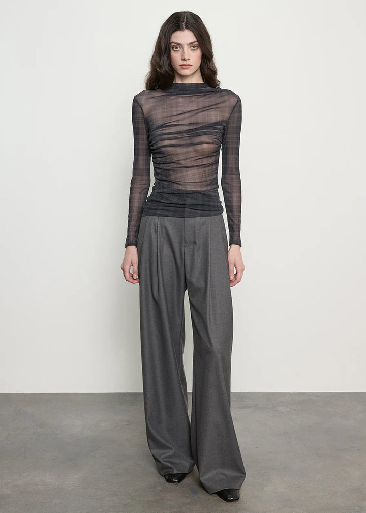 Plaid Mesh L/S Twist Top