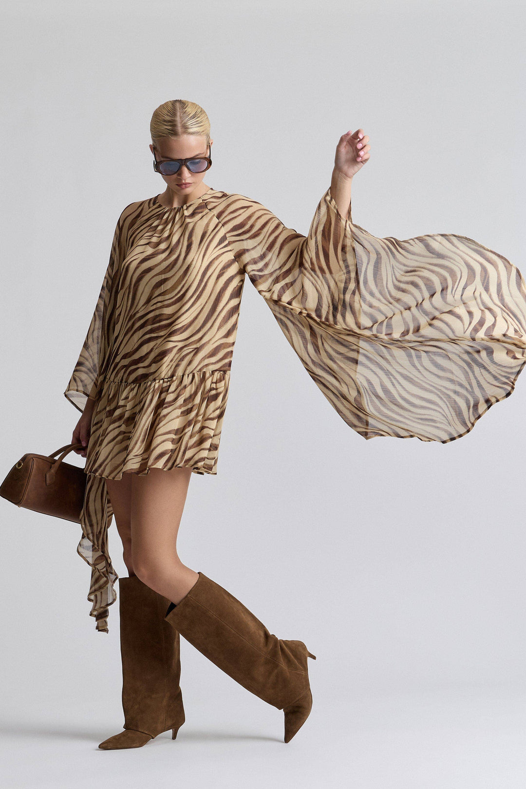 Waterfall Sleeve Zebra Print Crinkle Georgette Mini Dress in Autumn Zebra