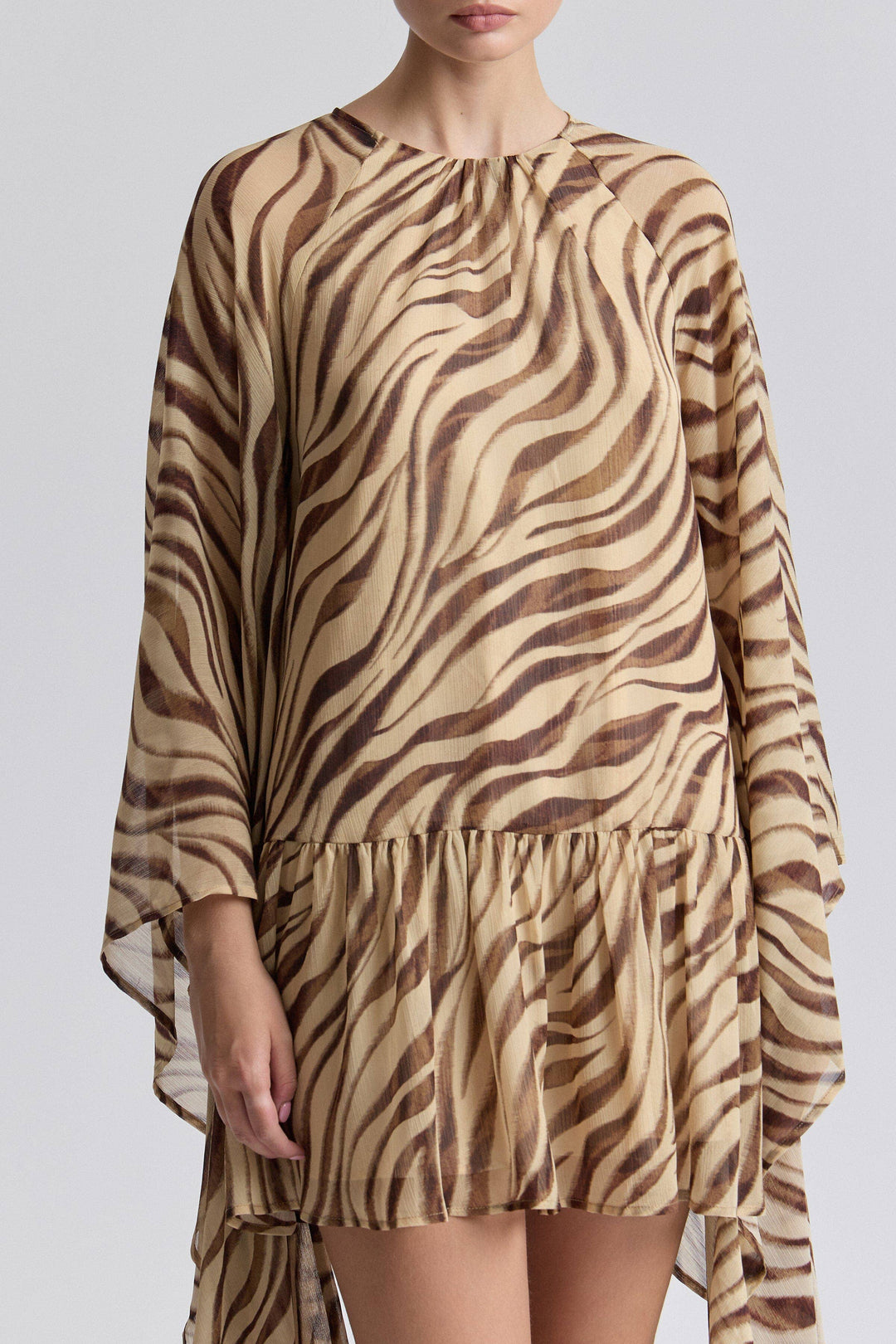 Waterfall Sleeve Zebra Print Crinkle Georgette Mini Dress in Autumn Zebra