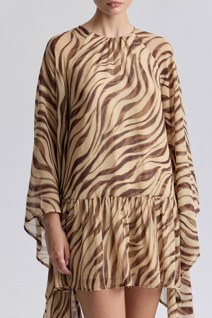Waterfall Sleeve Zebra Print Crinkle Georgette Mini Dress in Autumn Zebra