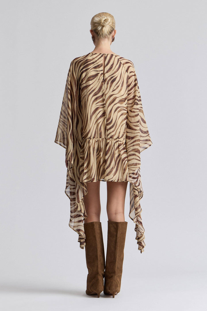 Waterfall Sleeve Zebra Print Crinkle Georgette Mini Dress in Autumn Zebra