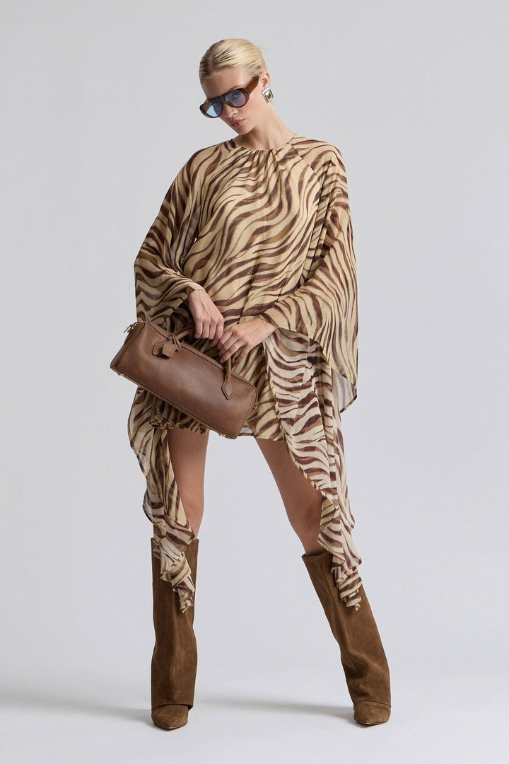 Waterfall Sleeve Zebra Print Crinkle Georgette Mini Dress in Autumn Zebra