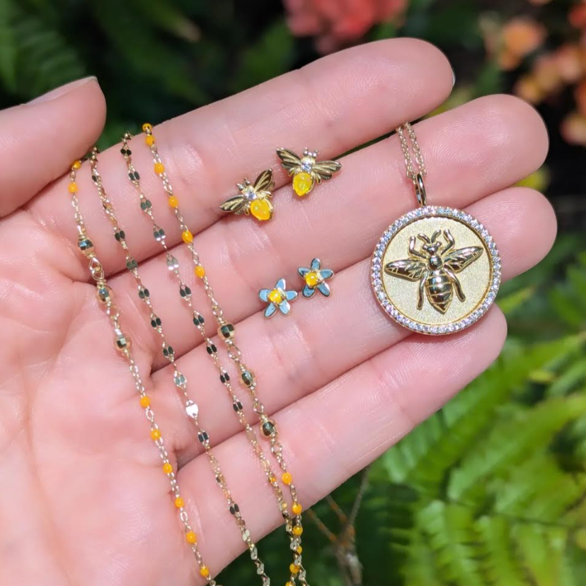 Enamel Beaded Chain Necklace With Sparkle Beads: White / Gold