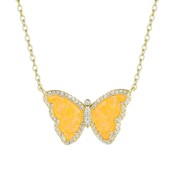 Opal Butterfly Necklace With Crystals: Tangerine Opal / Gold