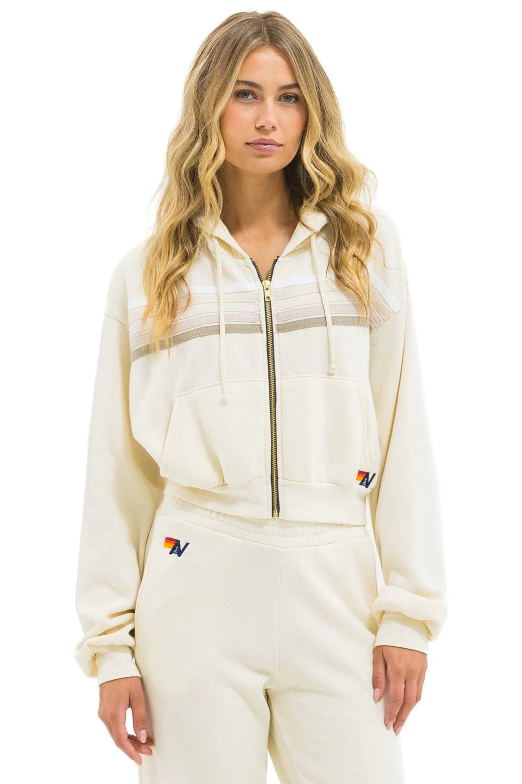 AN 5 Stripe Cropped Zip Hoodie Relaxed in Vintage White/White Grey - obligato