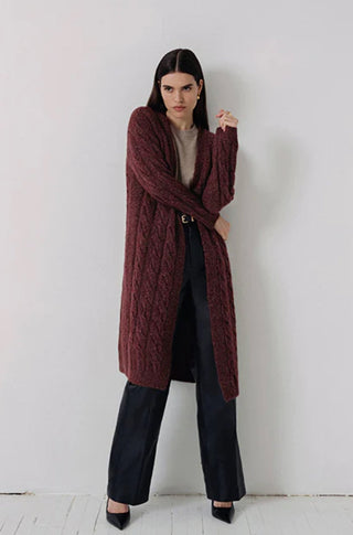 Anne Cable Knit Midi Cardigan in Burgundy - obligato