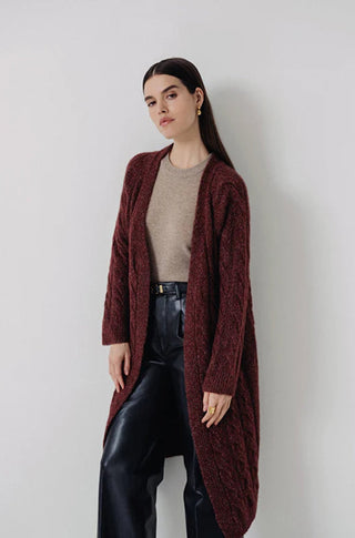 Anne Cable Knit Midi Cardigan in Burgundy - obligato