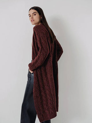 Anne Cable Knit Midi Cardigan in Burgundy - obligato