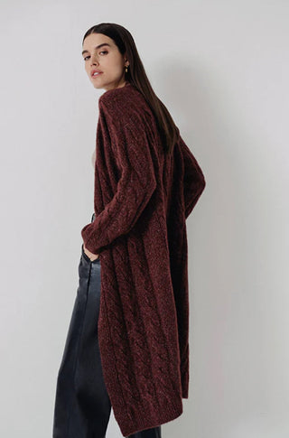 Anne Cable Knit Midi Cardigan in Burgundy - obligato