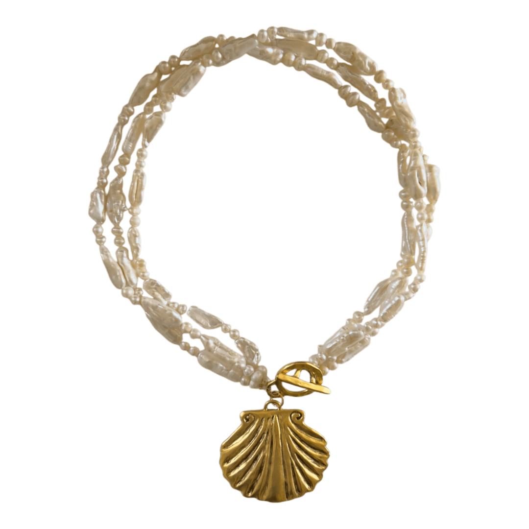 Aqua Pearl & Gold Shell Necklace - obligato