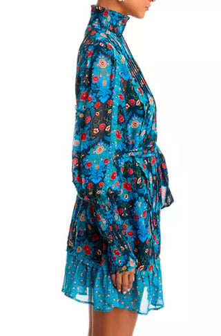 Arabesque Floral Blue High Neck Mini Dress - obligato