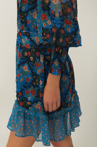 Arabesque Floral Blue High Neck Mini Dress - obligato