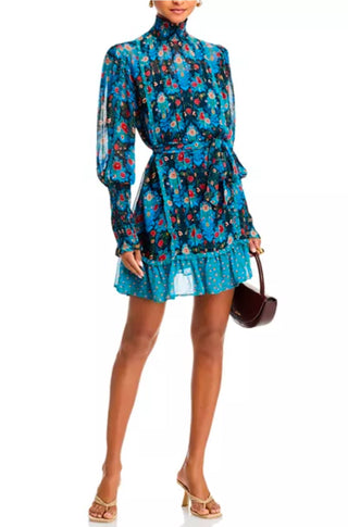 Arabesque Floral Blue High Neck Mini Dress - obligato