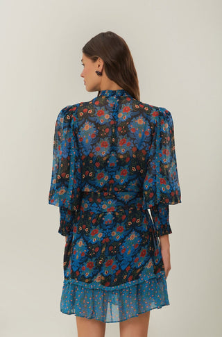 Arabesque Floral Blue High Neck Mini Dress - obligato