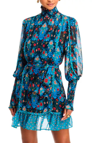 Arabesque Floral Blue High Neck Mini Dress - obligato