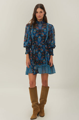 Arabesque Floral Blue High Neck Mini Dress - obligato