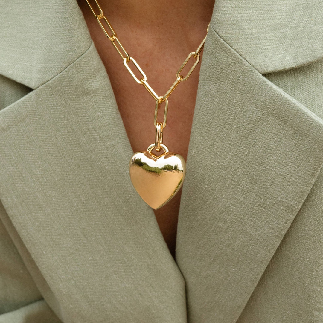 Aurelie Puffy Heart Link Necklace: 14k Gold Plated - obligato