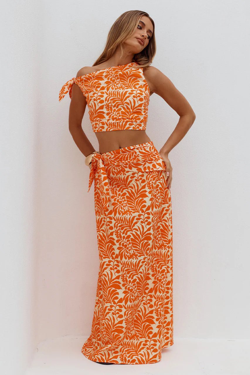 Azariah Off Shoulder Tie Top in Orange/White - obligato