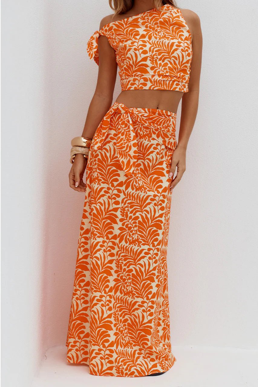 Azariah Side Tie Maxi Skirt in Orange/White - obligato