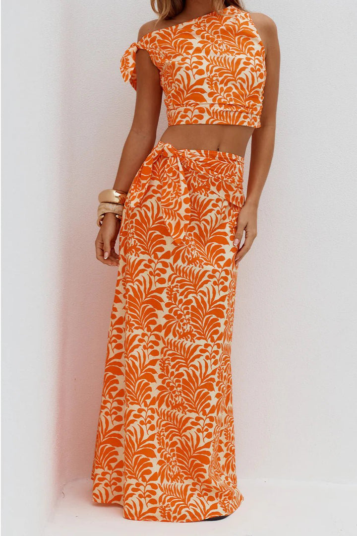 Azariah Side Tie Maxi Skirt in Orange/White - obligato