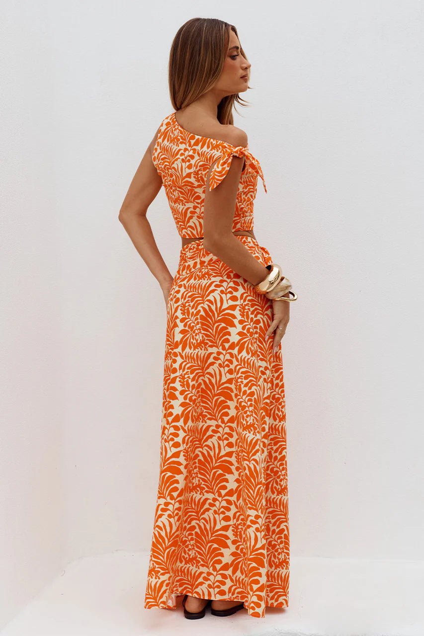 Azariah Side Tie Maxi Skirt in Orange/White - obligato