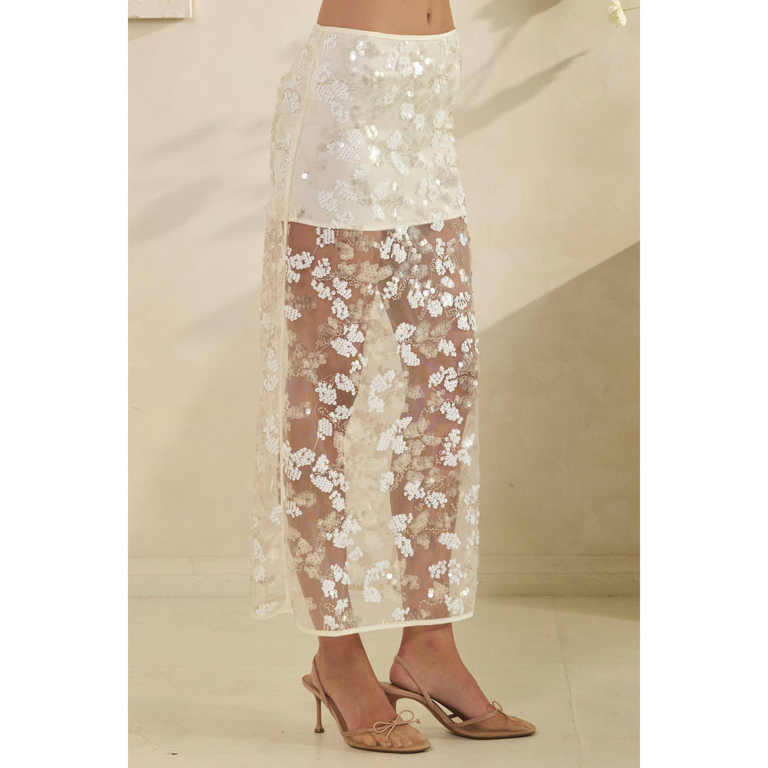 Floral Sequin Mesh Maxi Skirt in White