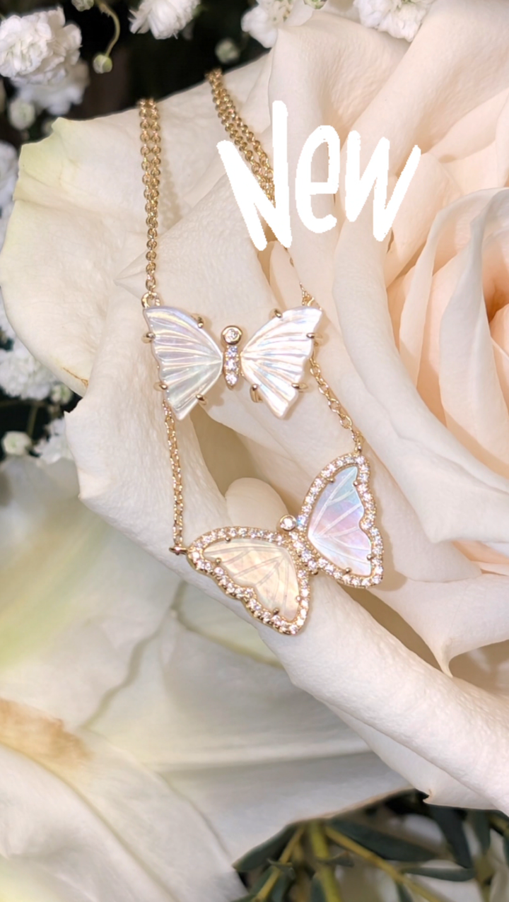 White Pearl Butterfly Necklace With Crystals: Gold