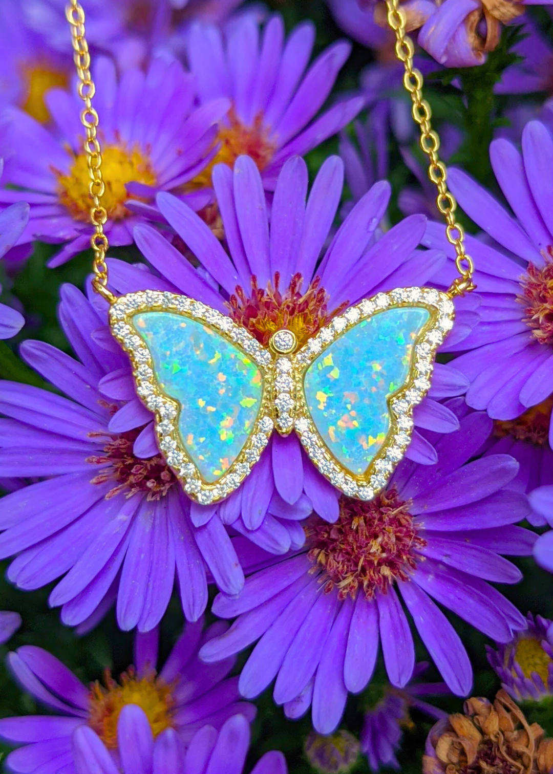Opal Butterfly Necklace With Crystals: Tangerine Opal / Gold