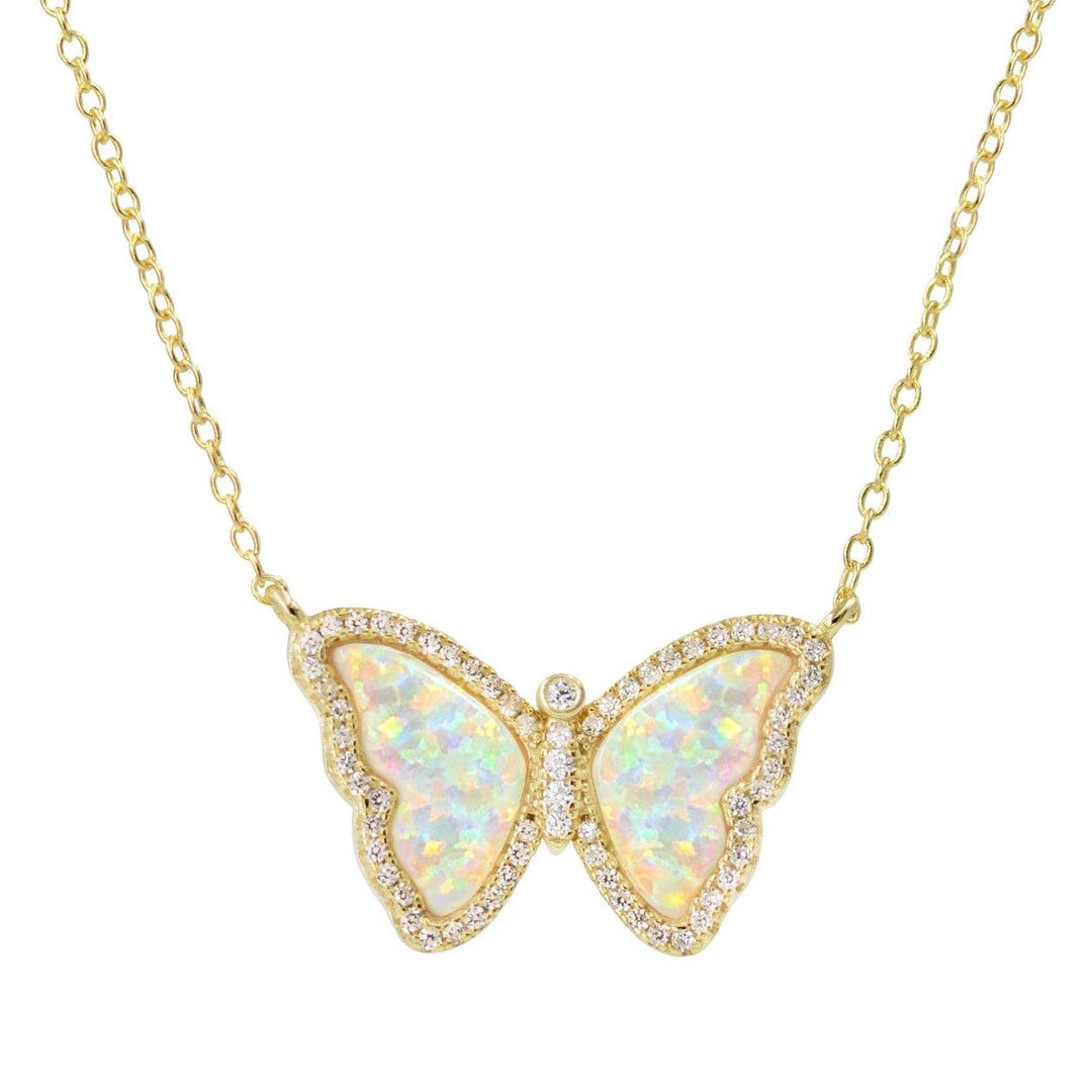 Opal Butterfly Necklace With Crystals: Tangerine Opal / Gold