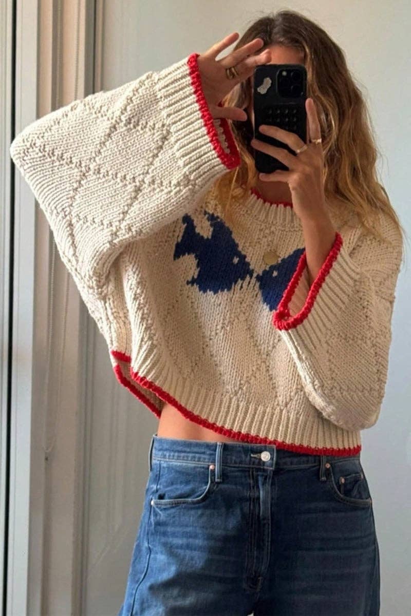 Cropped Fish Knit Sweatshirt