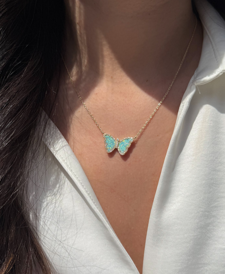 Opal Butterfly Necklace With Crystals: Tangerine Opal / Gold