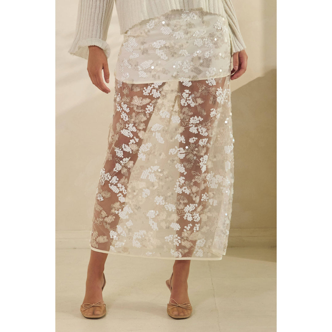Floral Sequin Mesh Maxi Skirt in White