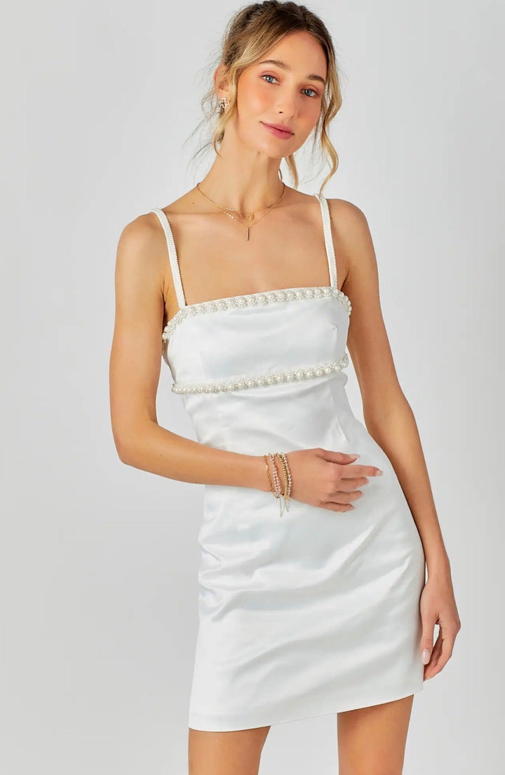 Beaded Trim Mini Dress in White - obligato