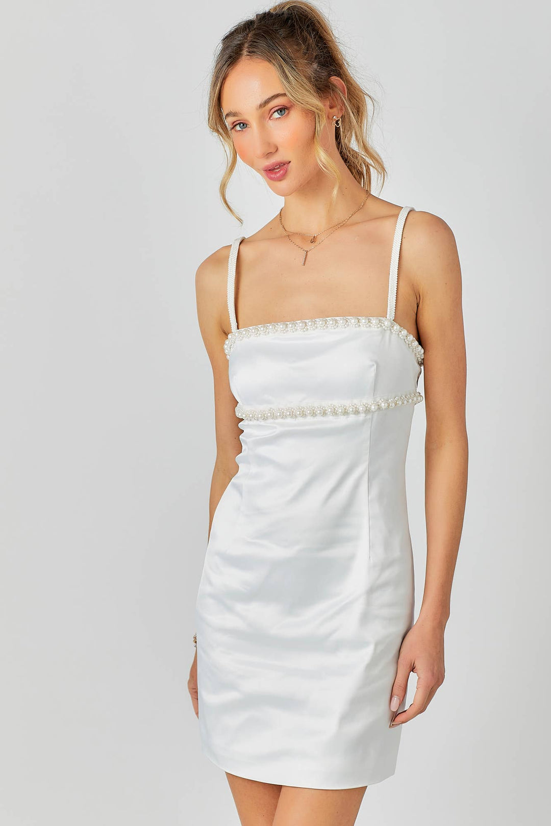 Beaded Trim Mini Dress: WHITE / L - obligato