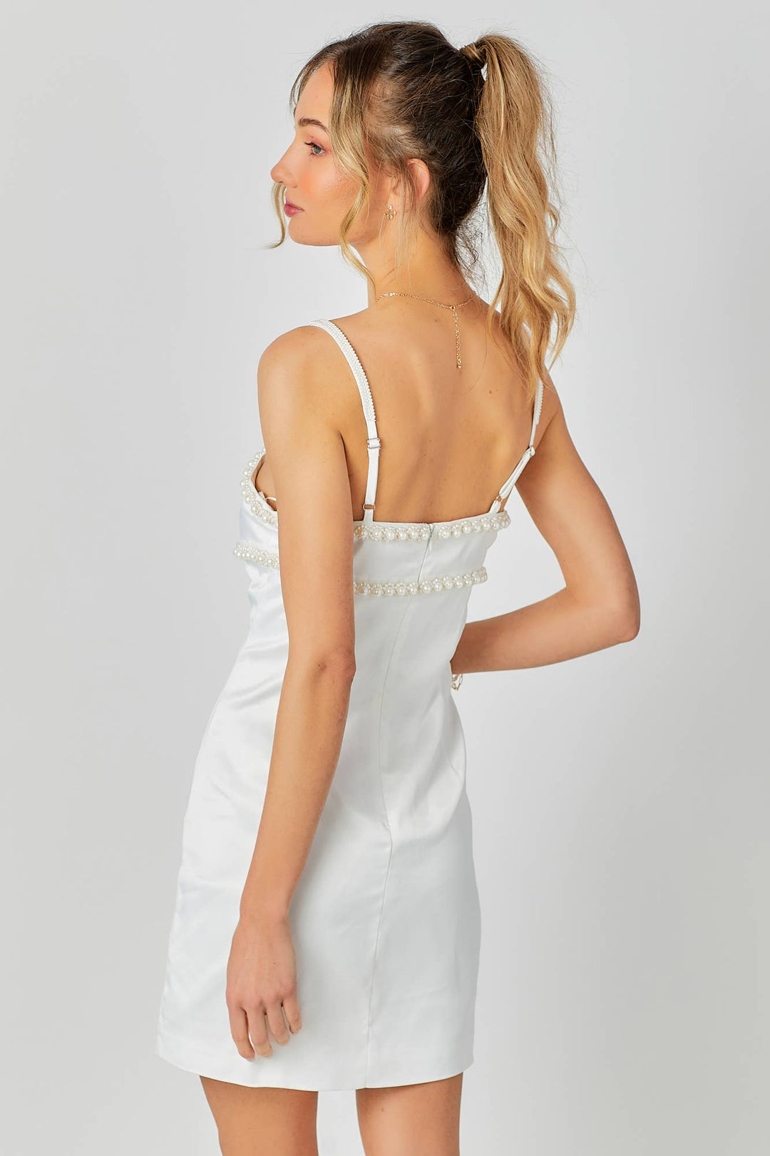 Beaded Trim Mini Dress: WHITE / M - obligato