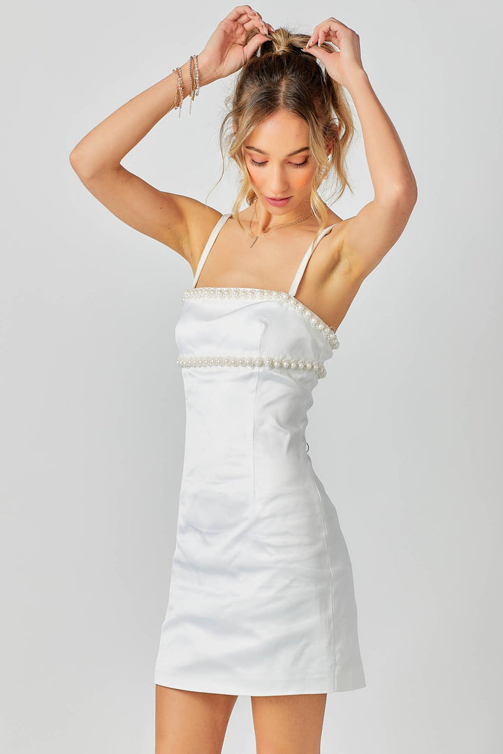 Beaded Trim Mini Dress: WHITE / M - obligato
