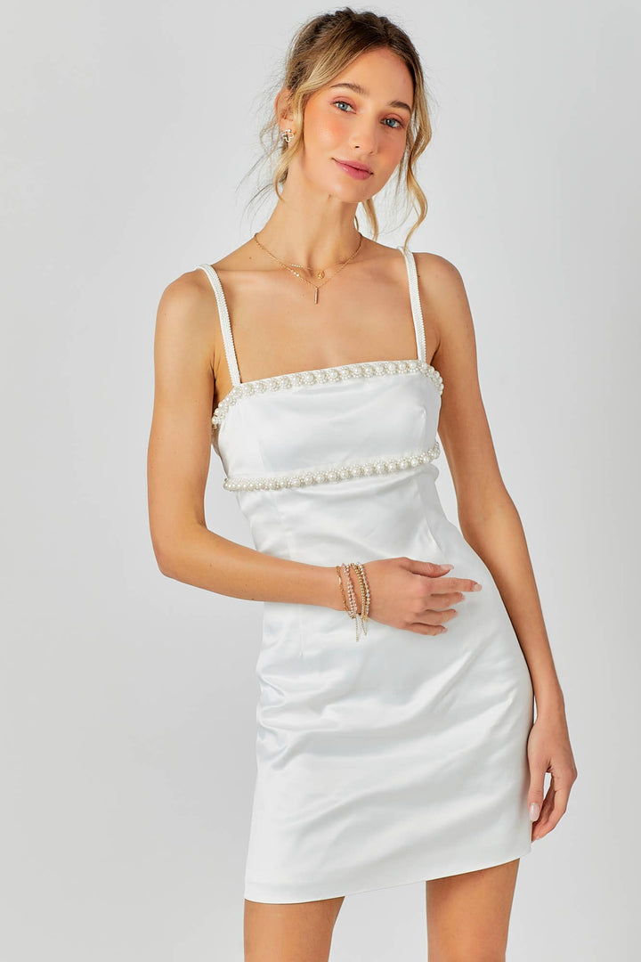 Beaded Trim Mini Dress: WHITE / S - obligato