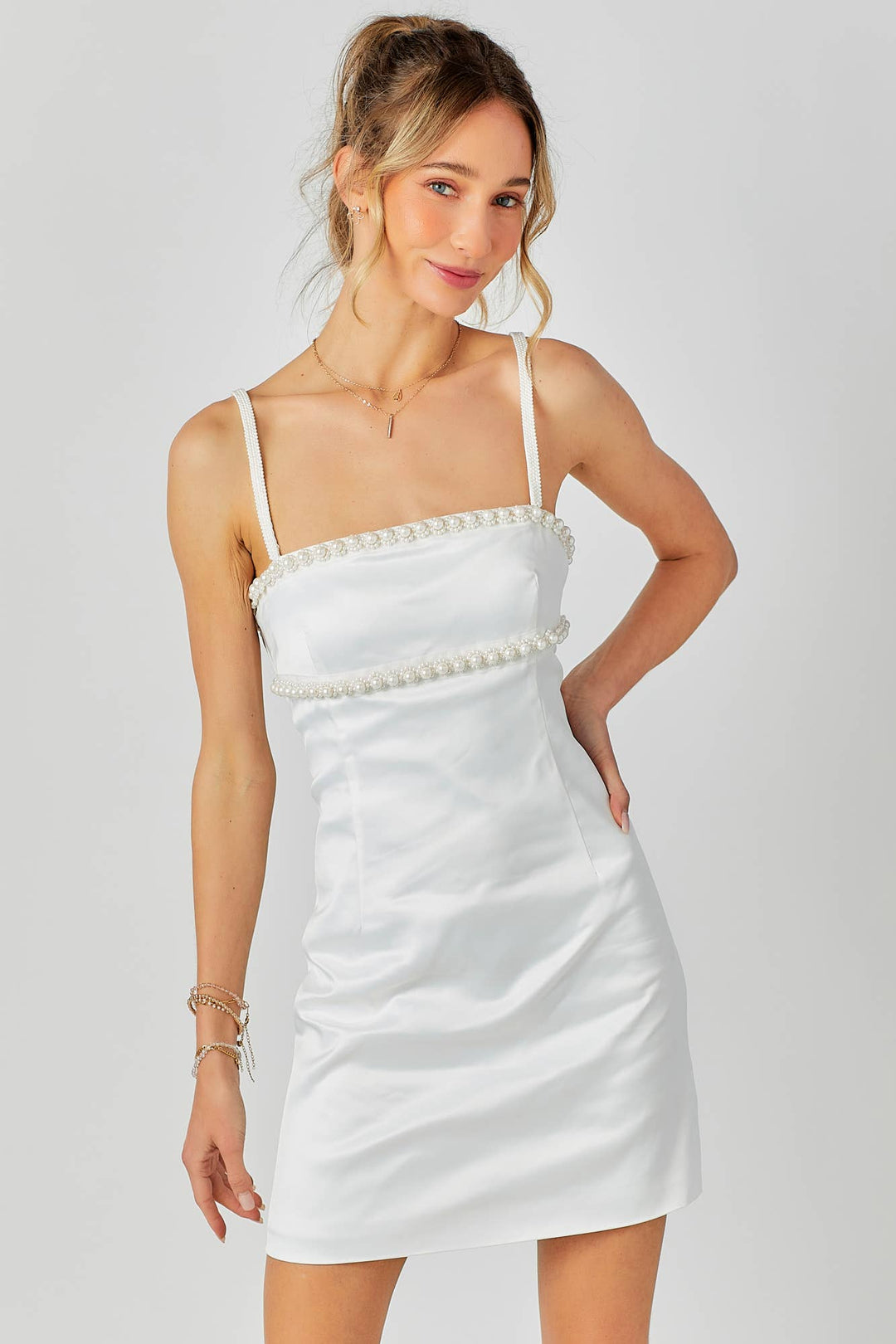 Beaded Trim Mini Dress: WHITE / S - obligato