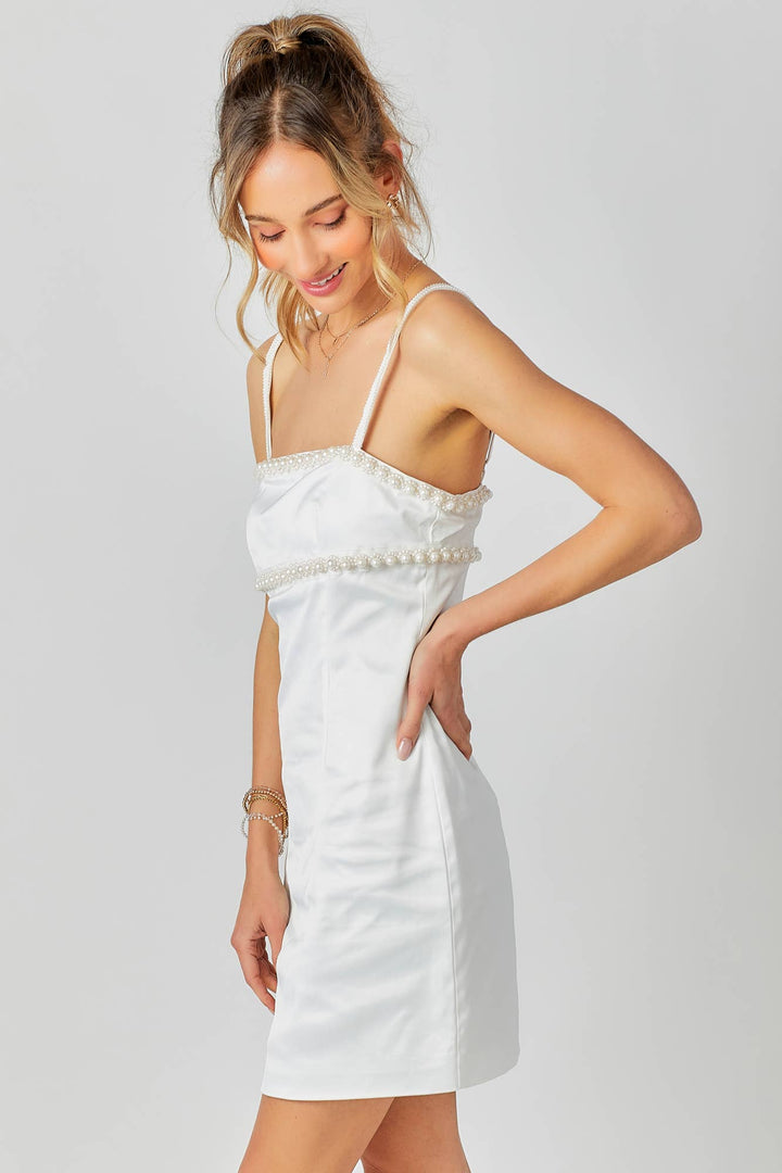 Beaded Trim Mini Dress: WHITE / S - obligato