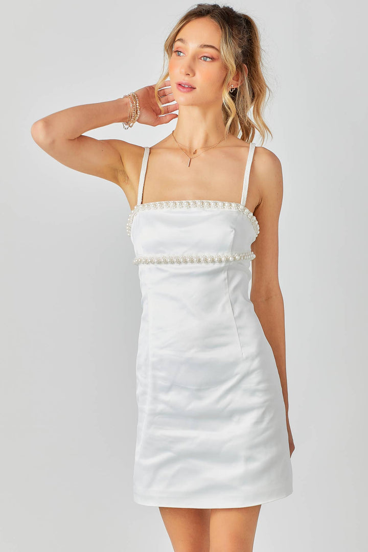 Beaded Trim Mini Dress: WHITE / S - obligato
