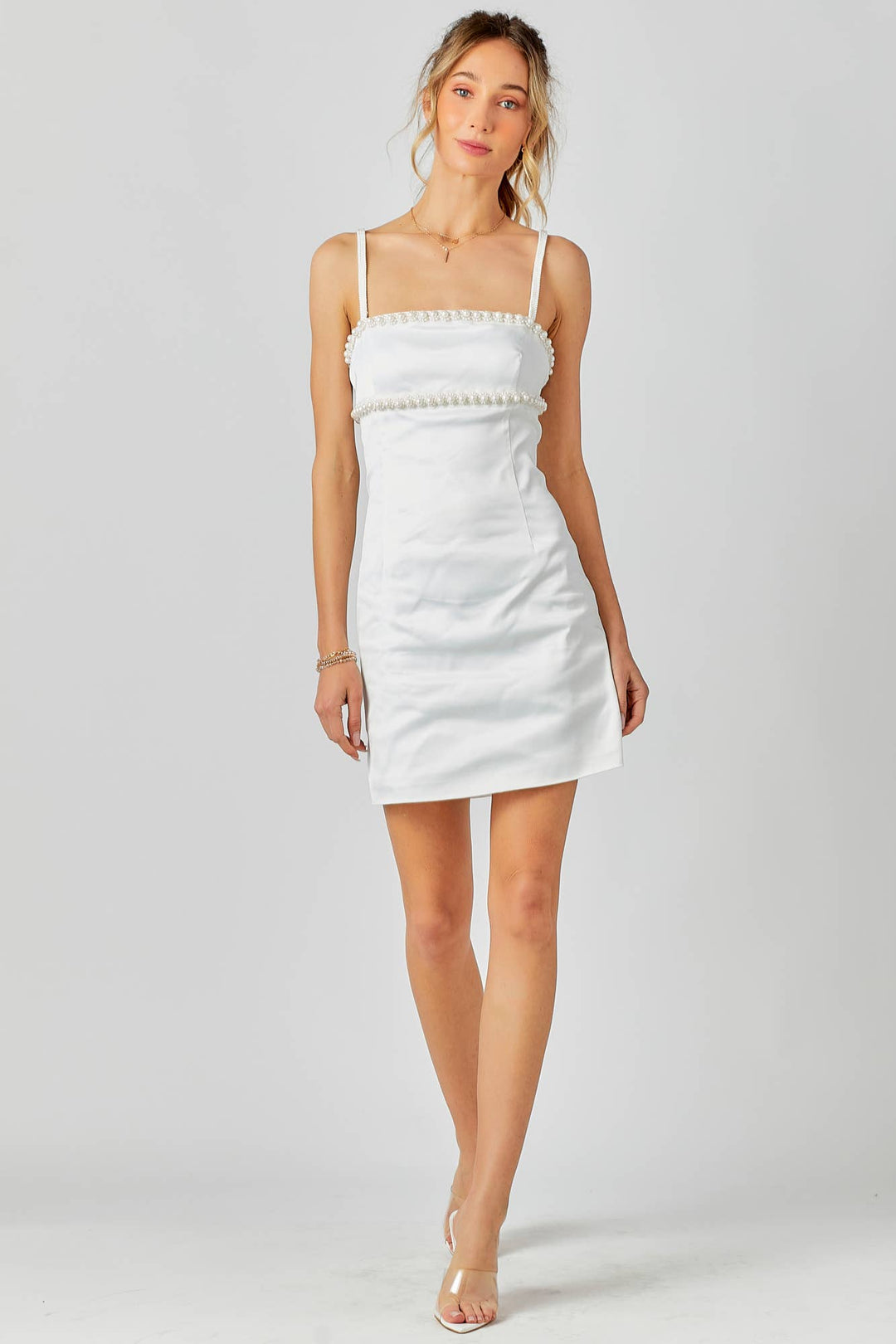 Beaded Trim Mini Dress: WHITE / S - obligato