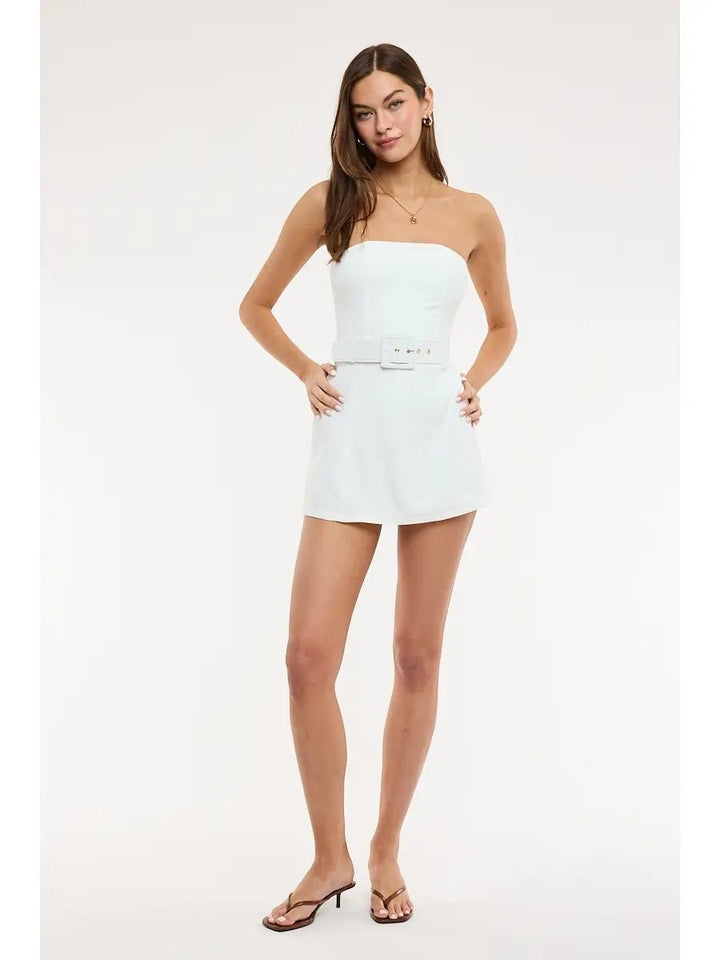 Belted Mini Dress in White - obligato
