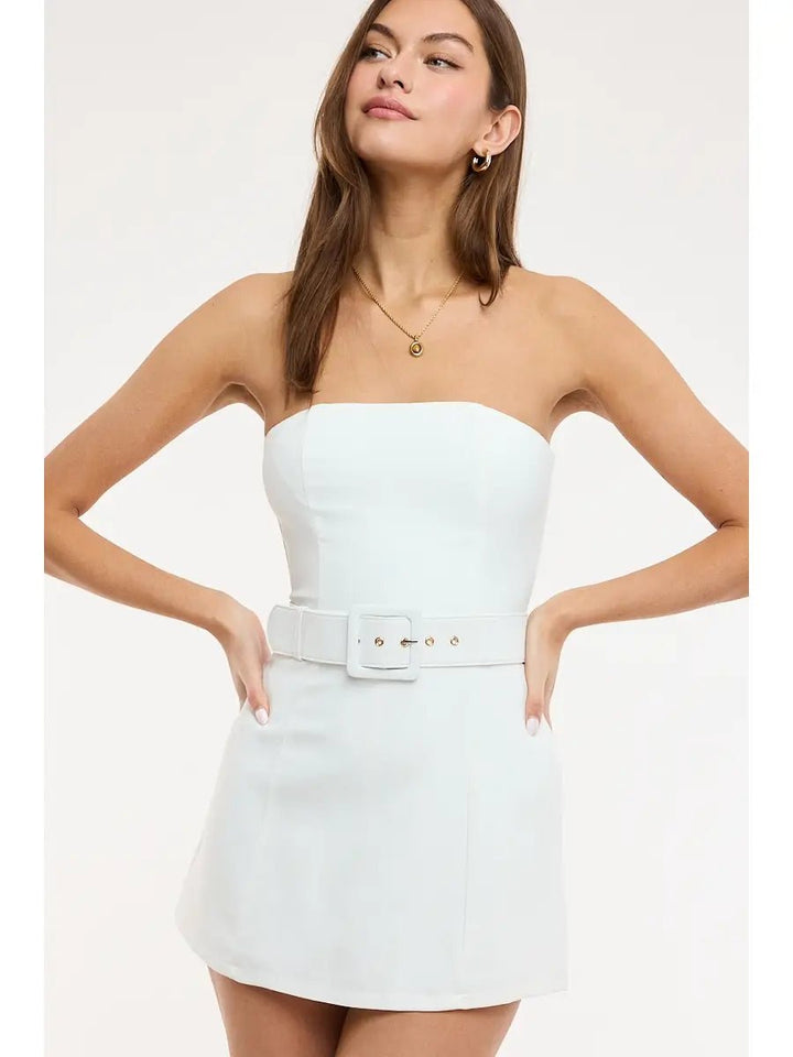 Belted Mini Dress in White - obligato