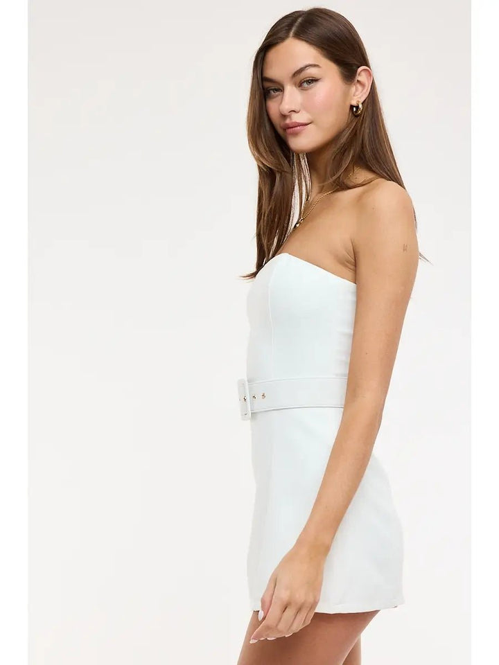 Belted Mini Dress in White - obligato