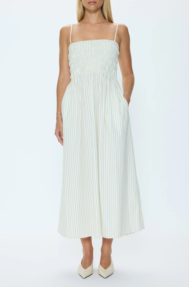 Bianca Shirred Bodice Dress in Sage Egret Stripe - obligato