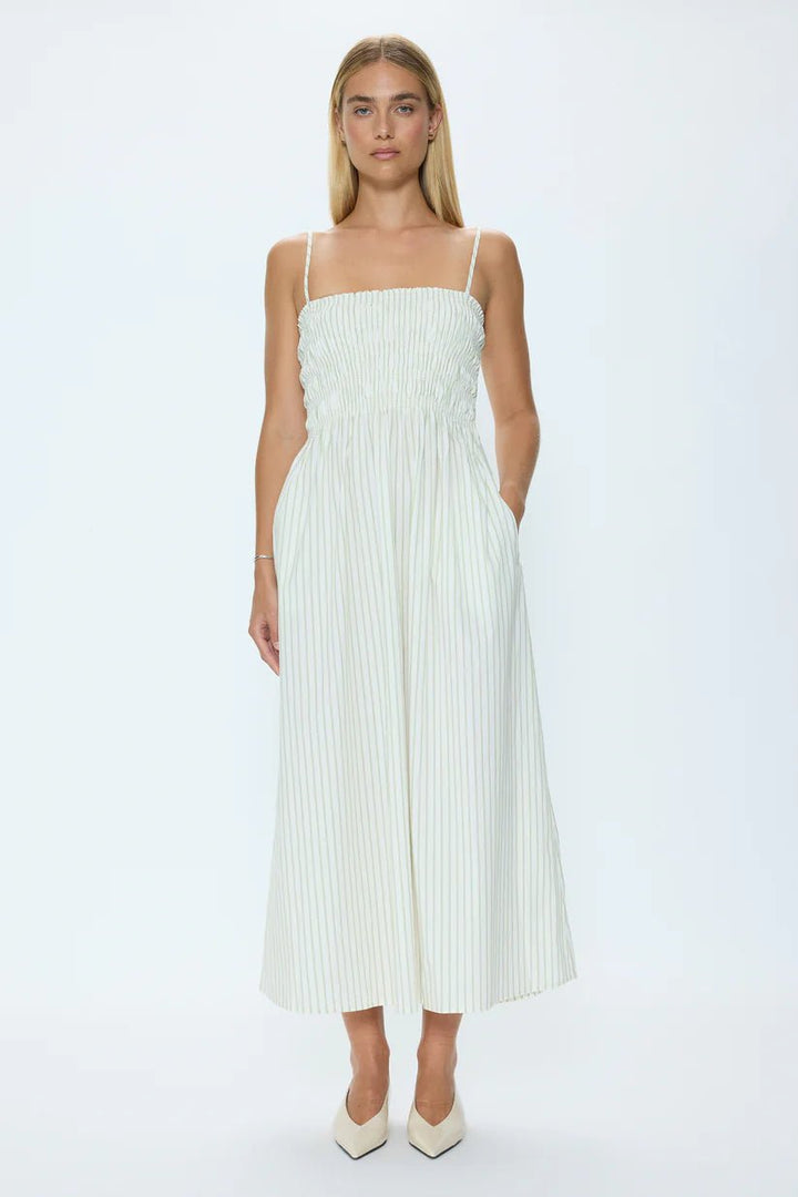 Bianca Shirred Bodice Dress in Sage Egret Stripe - obligato