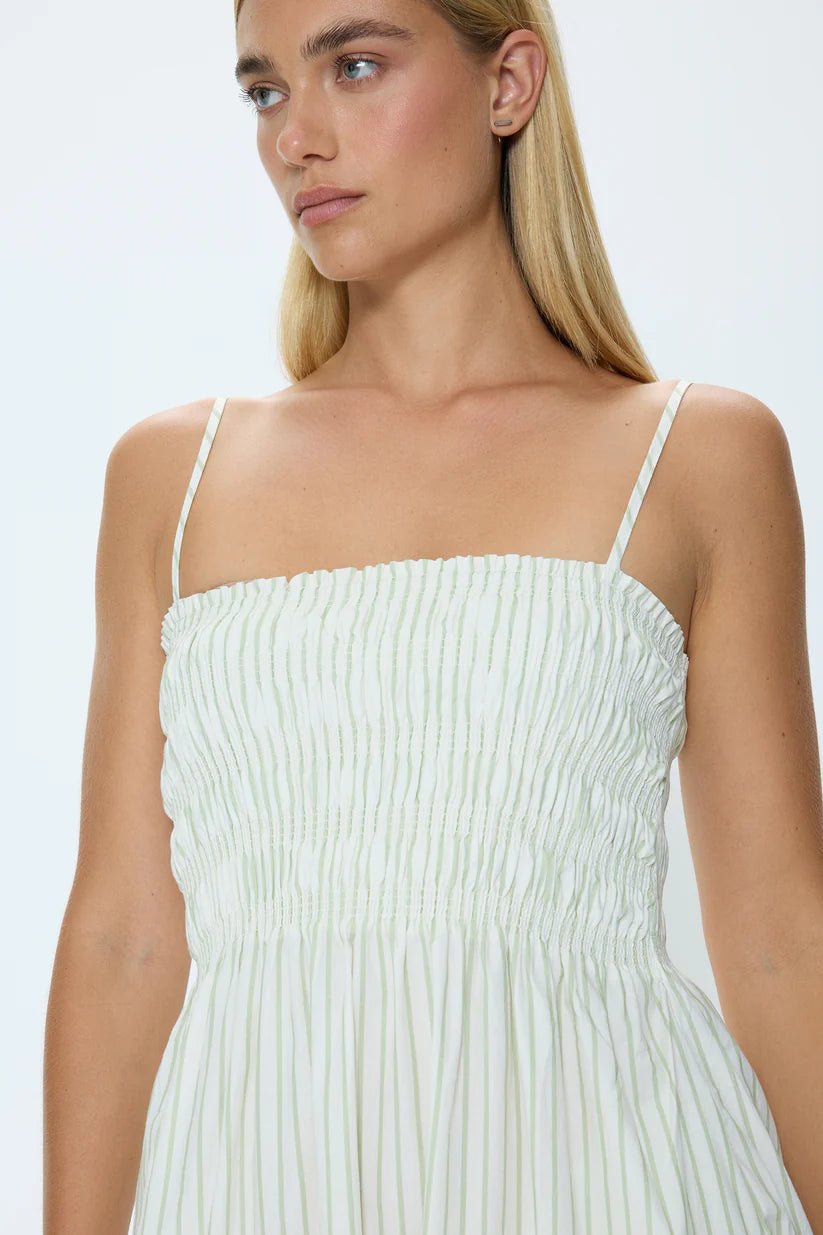 Bianca Shirred Bodice Dress in Sage Egret Stripe - obligato