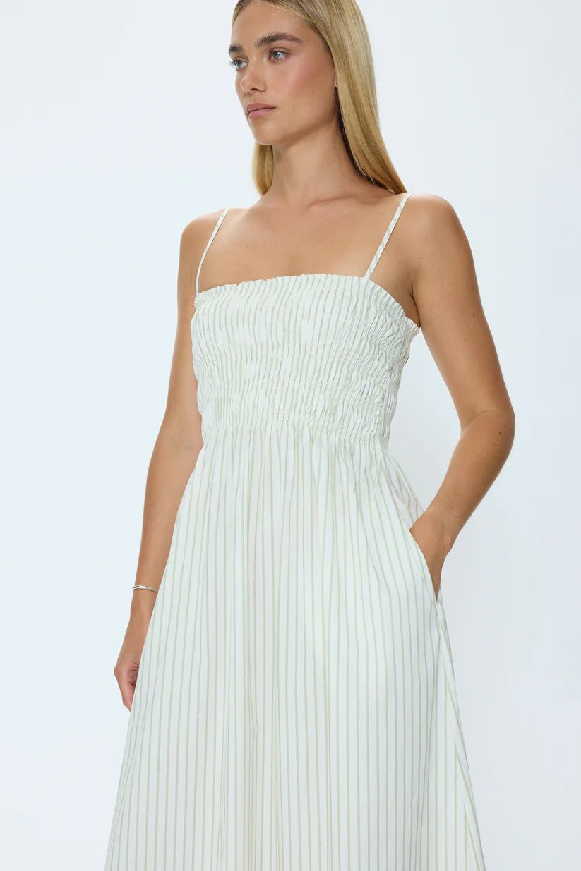 Bianca Shirred Bodice Dress in Sage Egret Stripe - obligato